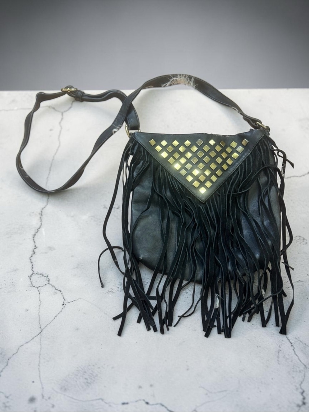 80s Black Fringe Crossbody Bag w/ Gold Studs